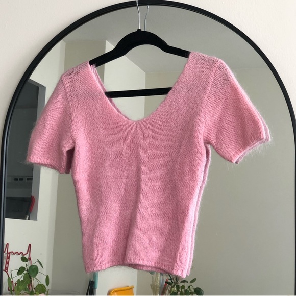 Pink Handmade Knit Fuzzy Shortsleeves Sweater - Picture 2 of 4